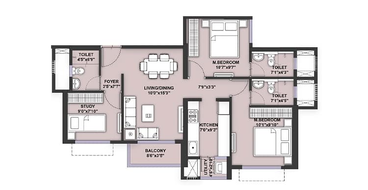 Floor Plan 3 BHK-962 Sq.ft.