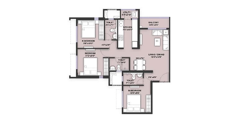 Floor Plan 2+1 BHK Jodi-1049 Sq.ft.