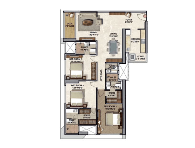 Floor Plan 3 BHK 967 Sq.ft.