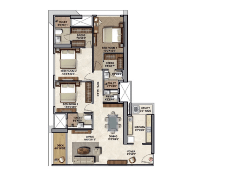 Floor Plan 3 BHK 1064 Sq.ft.