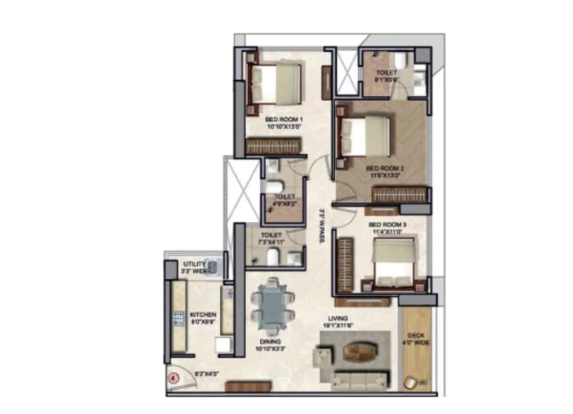 Floor Plan 3 BHK 1141 Sq.ft.