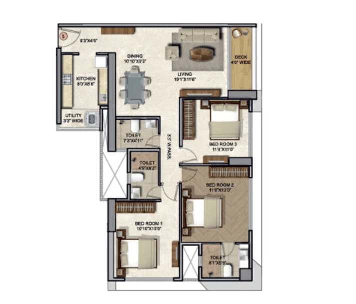 Floor Plan 3 BHK 1217 Sq.ft.